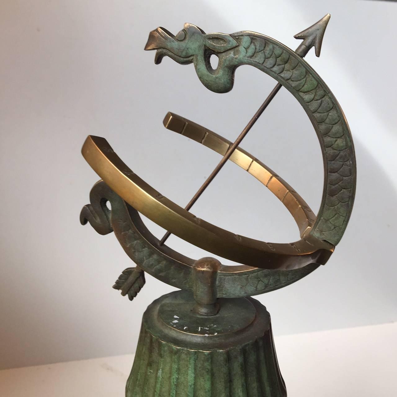 Patinated Art Deco Bronze Tabletop Armillary, Sundial with Dragon, 1940s