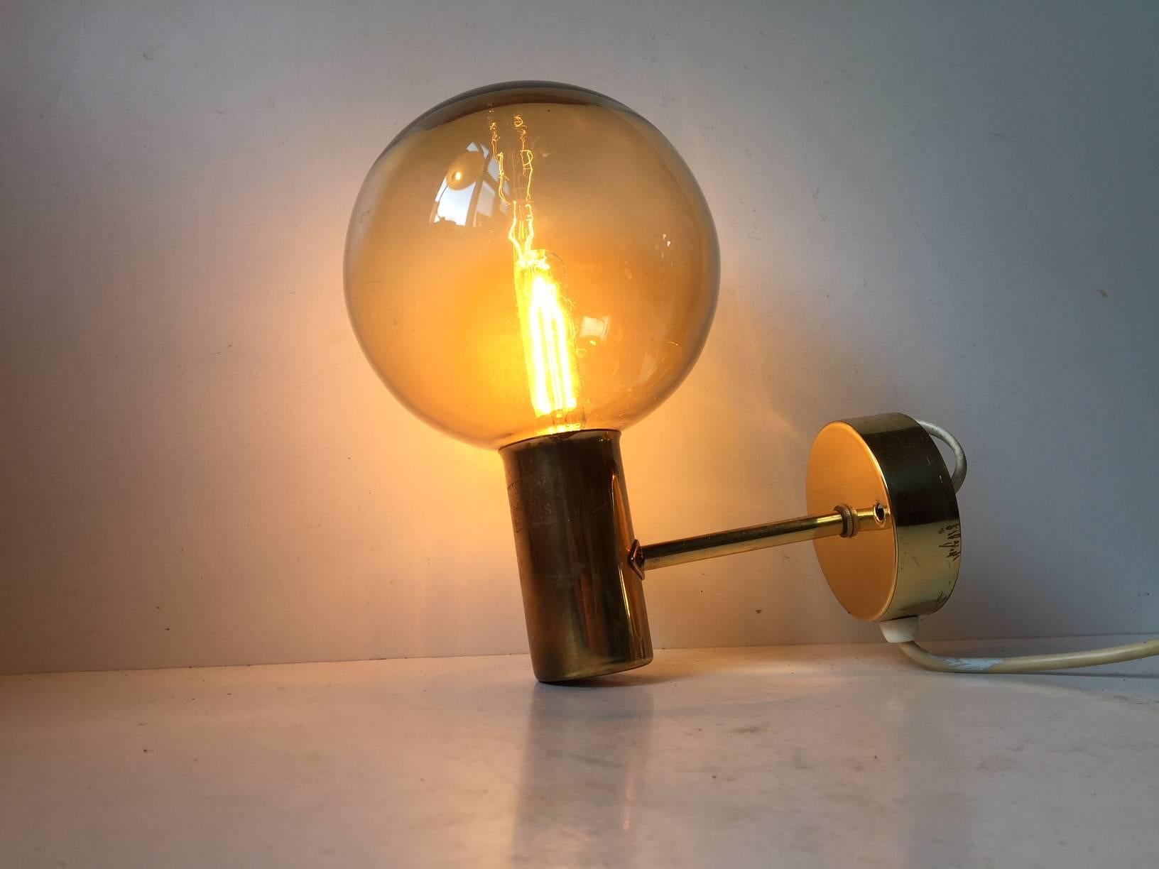 Mid-20th Century Vintage Swedish Brass and Smoke Glass Globe Sconce by Hans-Agne Jakobsson