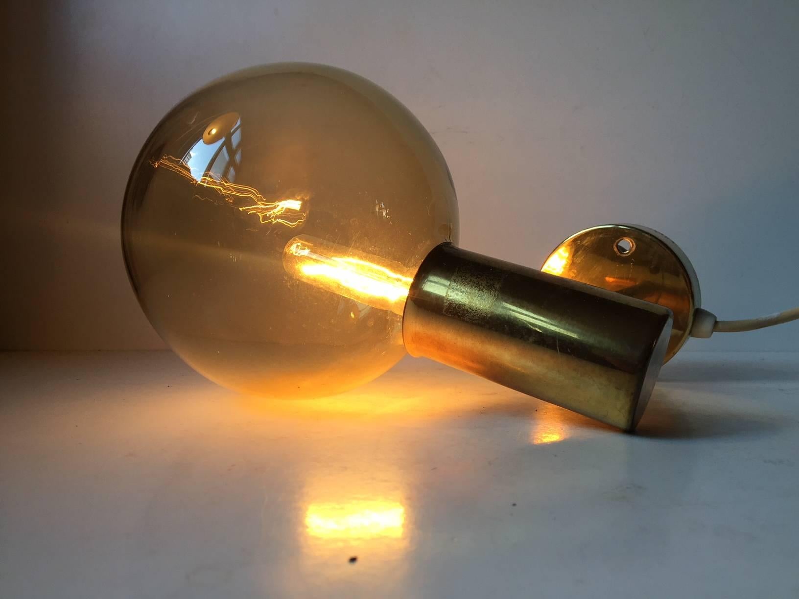 Vintage Swedish Brass and Smoke Glass Globe Sconce by Hans-Agne Jakobsson 1