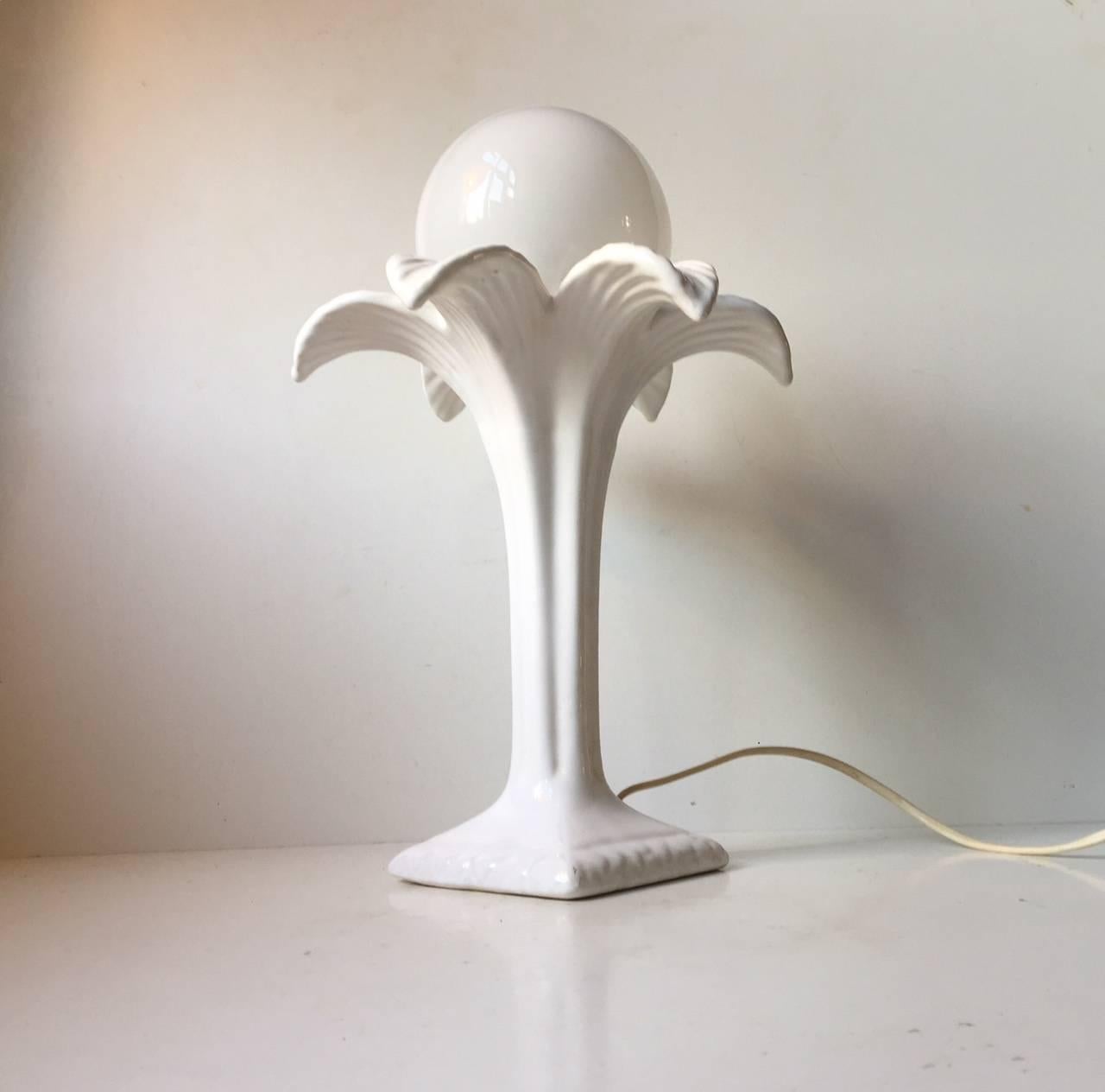 Art Deco Vintage Danish White Palm Three Pottery & Opaline Glass Table Lamp, 1970s