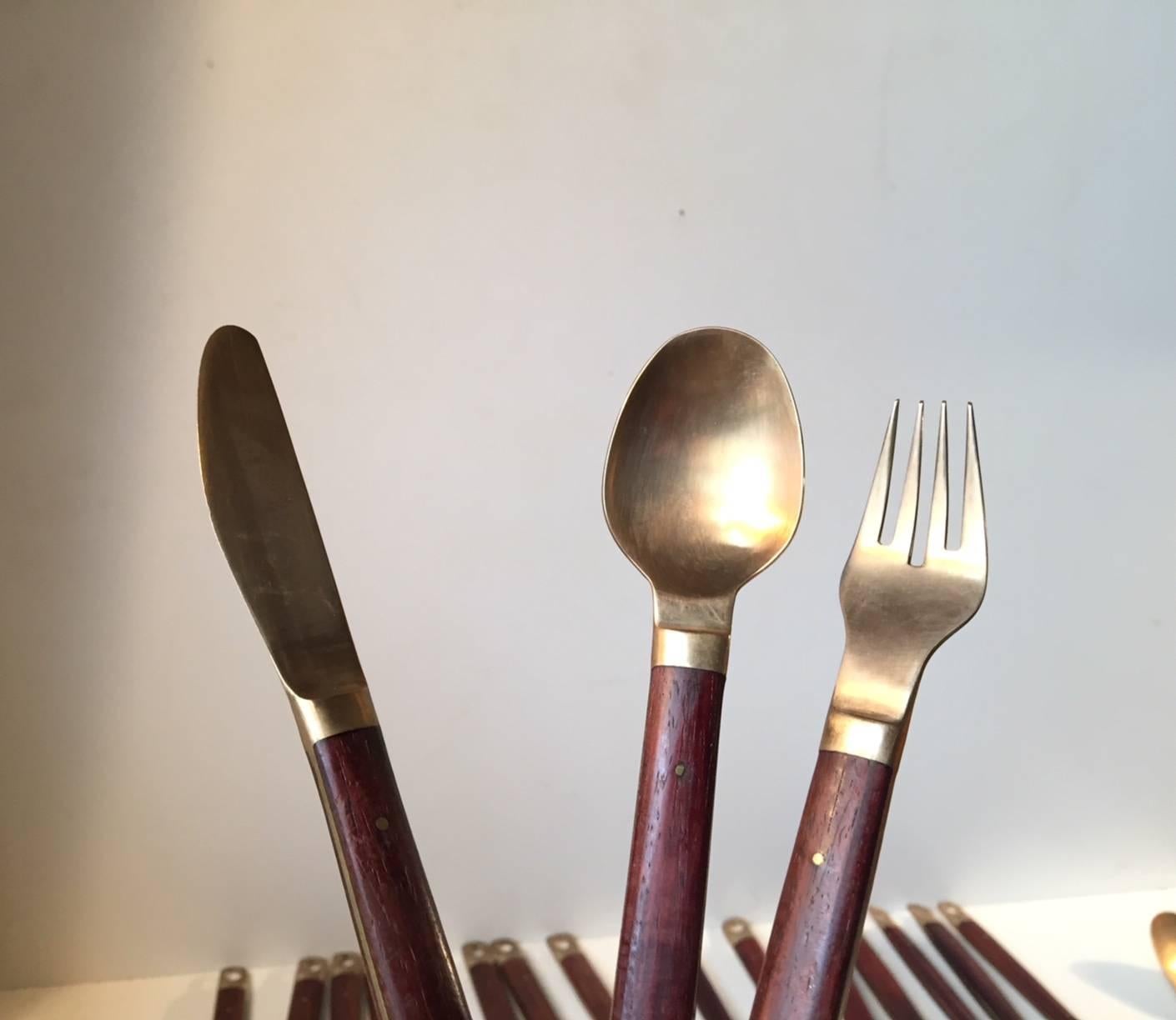 Danish Mid-Century Brass & Teak Cutlery Set by Carl Cohr, Set of 26 Pieces 2