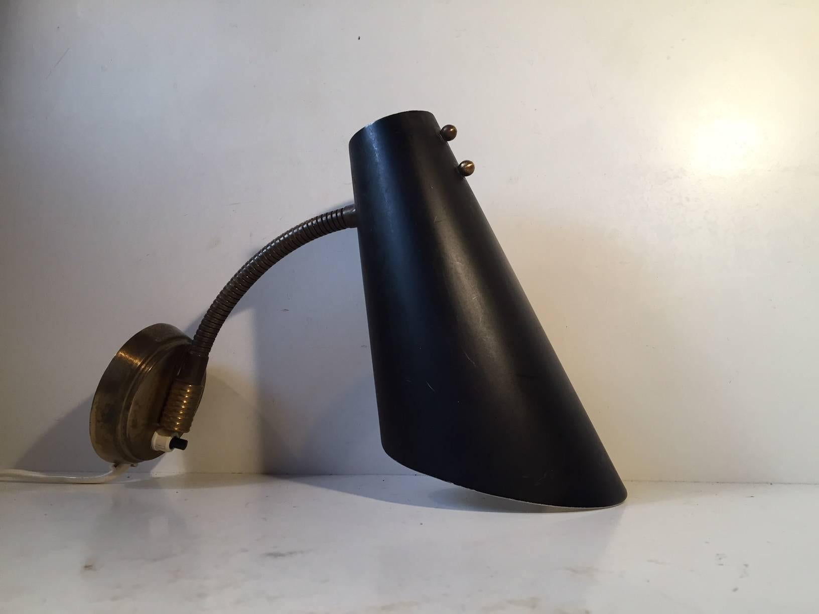 Mid-20th Century Black Danish Wall Lamp with Brass Detailing by Fog & Mørup, 1950s
