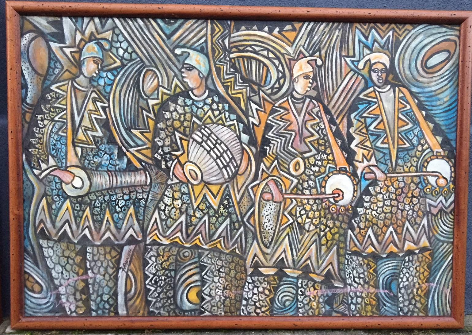 20th Century Set of Two Vintage African Tribal Paintings in Worm-Wood Frames