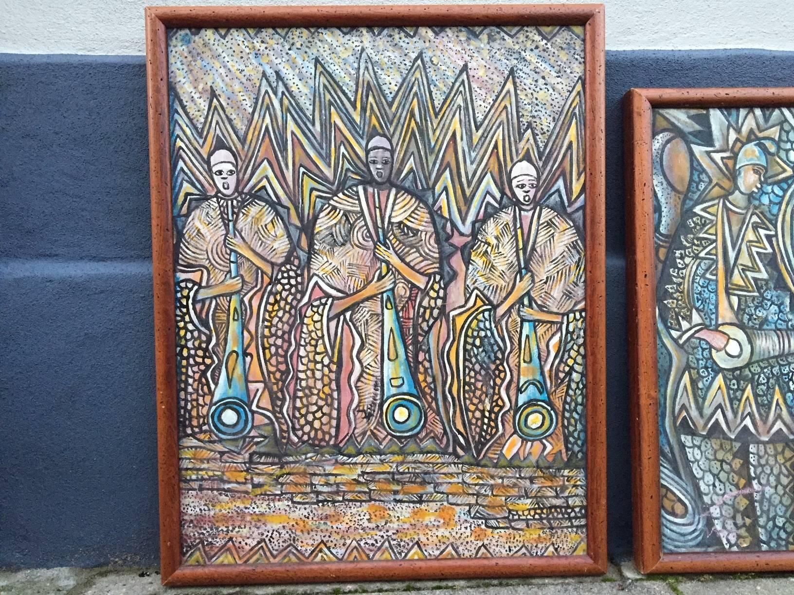 Set of Two Vintage African Tribal Paintings in Worm-Wood Frames In Good Condition In Esbjerg, DK