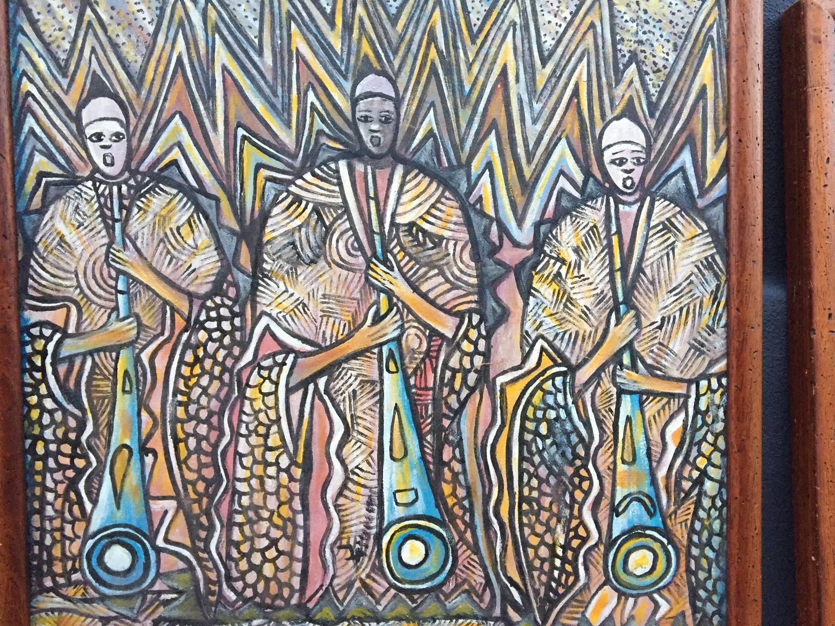 Set of Two Vintage African Tribal Paintings in Worm-Wood Frames 1