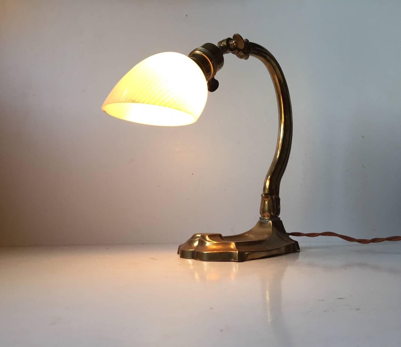 Early 20th Century Danish Art Nouveau Table Lamp in Brass and Pin-Striped Glass, 1920s