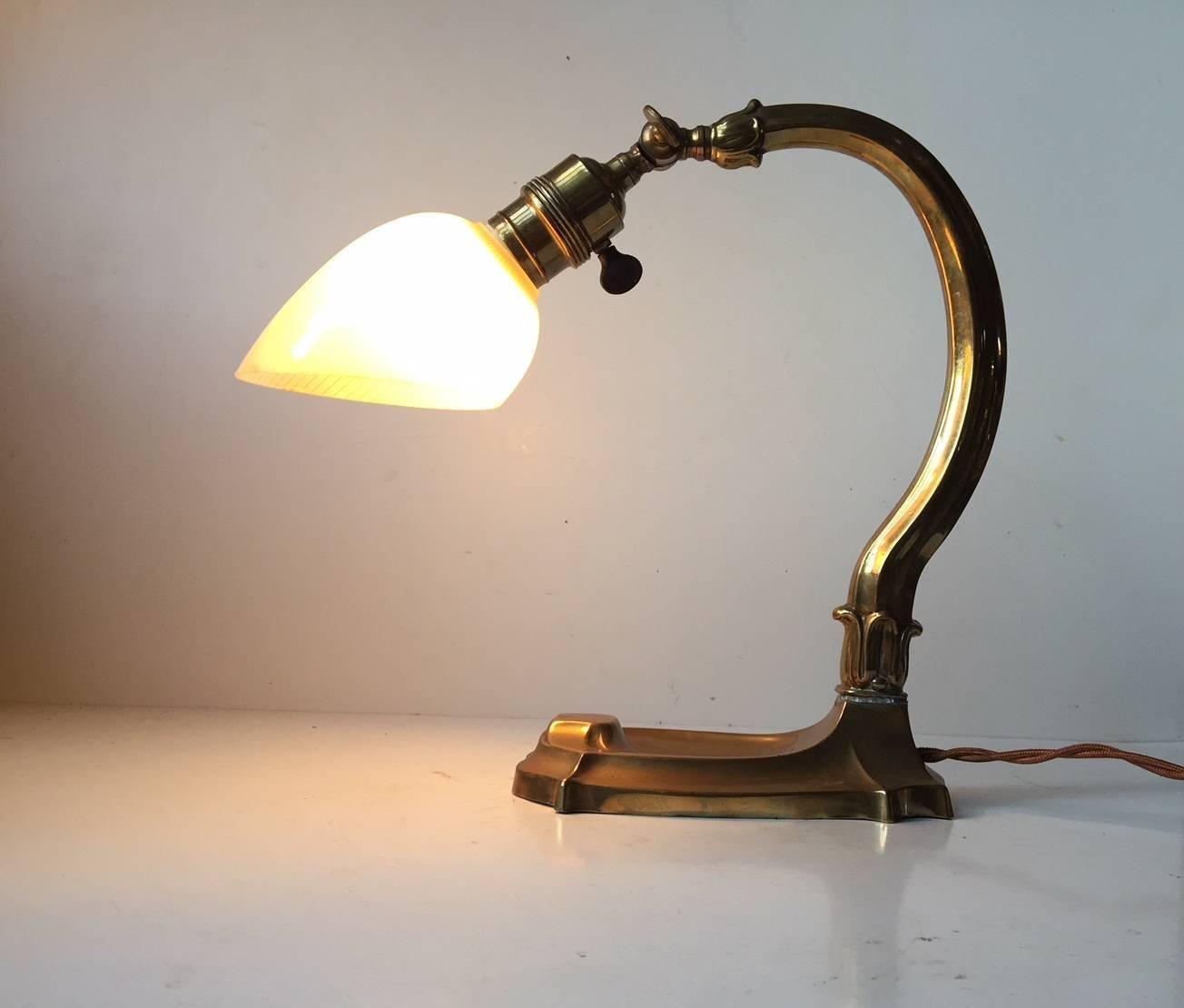 Patinated Danish Art Nouveau Table Lamp in Brass and Pin-Striped Glass, 1920s