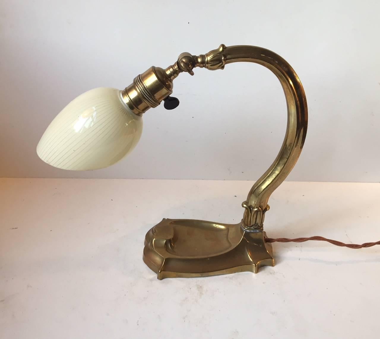 Danish Art Nouveau Table Lamp in Brass and Pin-Striped Glass, 1920s 1