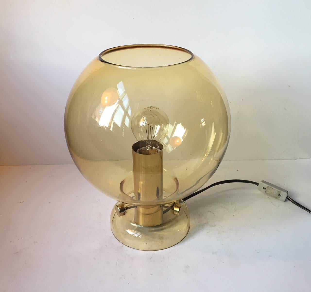 Mid-Century Modern Spherical Smoke Glass and Brass Table Lamp by Hans-Agne Jakobsson, 1960s