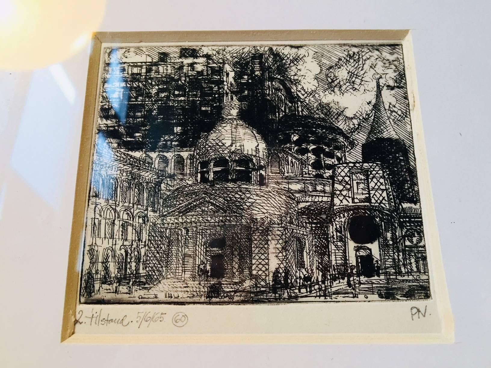 A set of characteristic woodcuts by danish Artist Palle Nielsen (1920-2000). Signed PN, 65 and ET for (eget tryk - trans.: Own Print). Mounted passepartout in Aluminium frames behind glass. The measurements given below are for the frame. The motifs