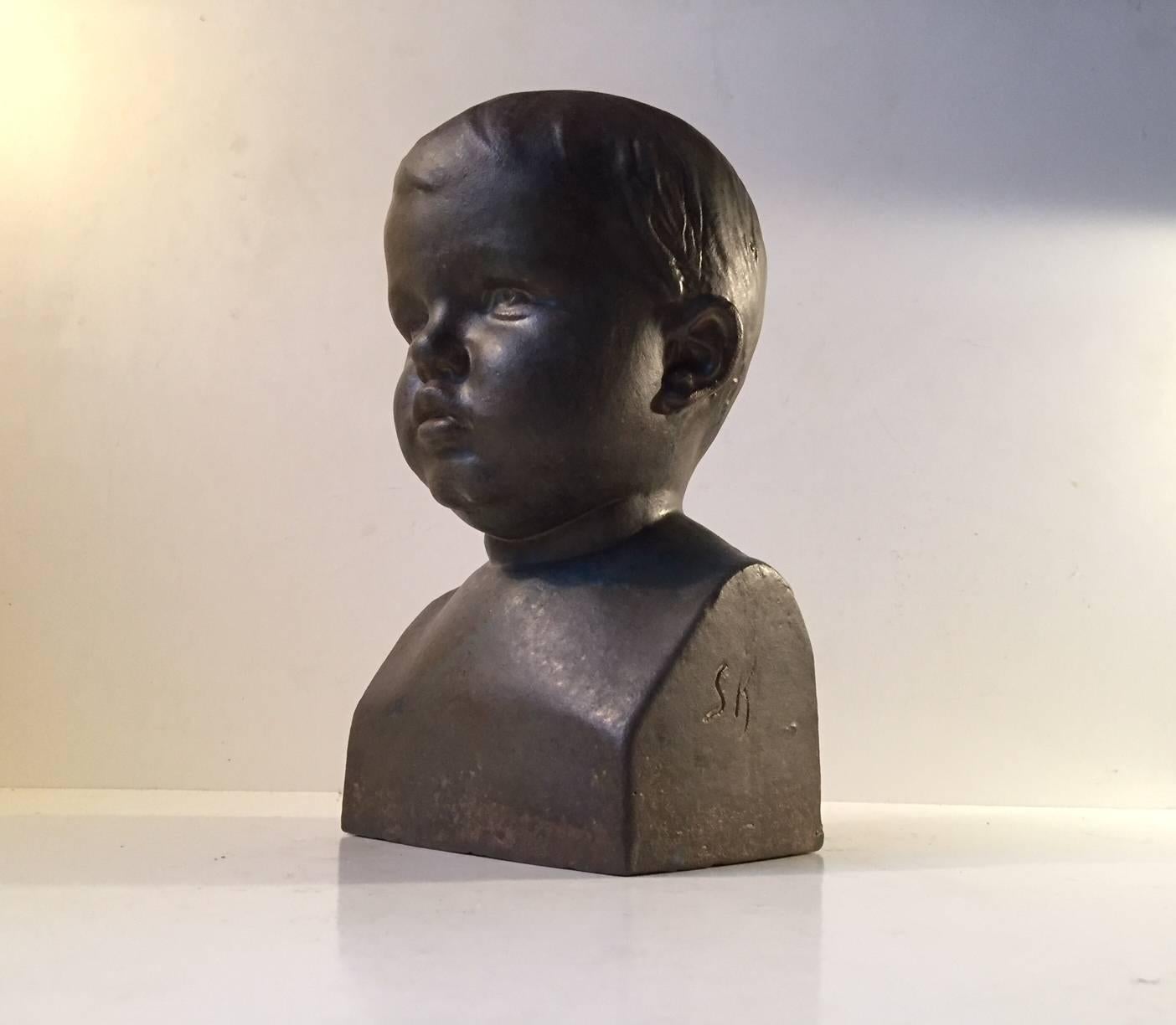 Art Deco Unique Danish Ceramic Bust in Lustre Glaze of 'Baby Boy' by Søren Kongstrand