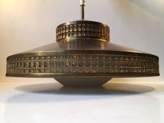 Midcentury Perforated Brass and Opaline Glass Pendant Lamp by ASEA, Sweden 1960s