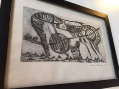 Surreale nero, stampa degli anni '70 dell'artista danese Lars Åkirke Marito di Vibeke Alfelt