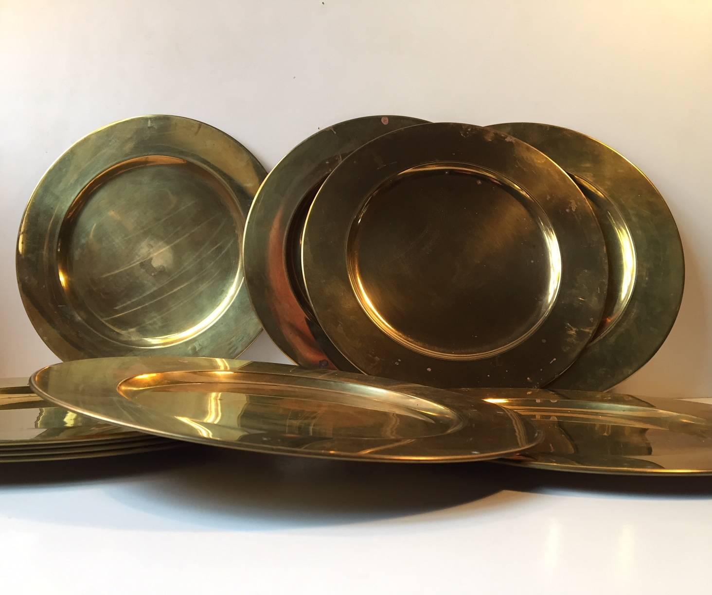 Vintage Danish Brass Plates, Dishes by Stelton, 1970s, Set of Ten In Good Condition In Esbjerg, DK