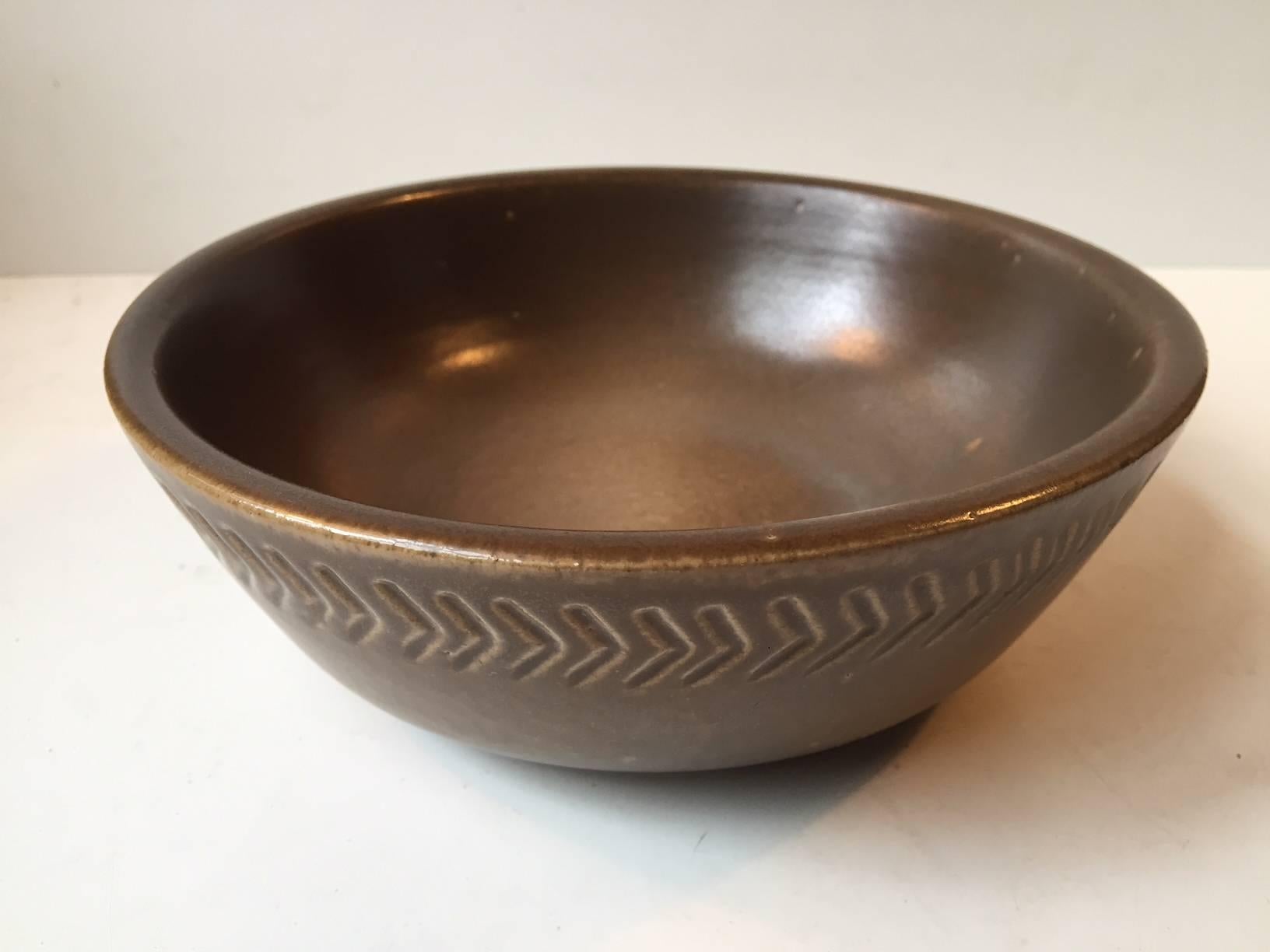 Glazed Unique Swedish Modern Pottery Bowl with Geometric Decor by Yngve Blixt, Hoganas