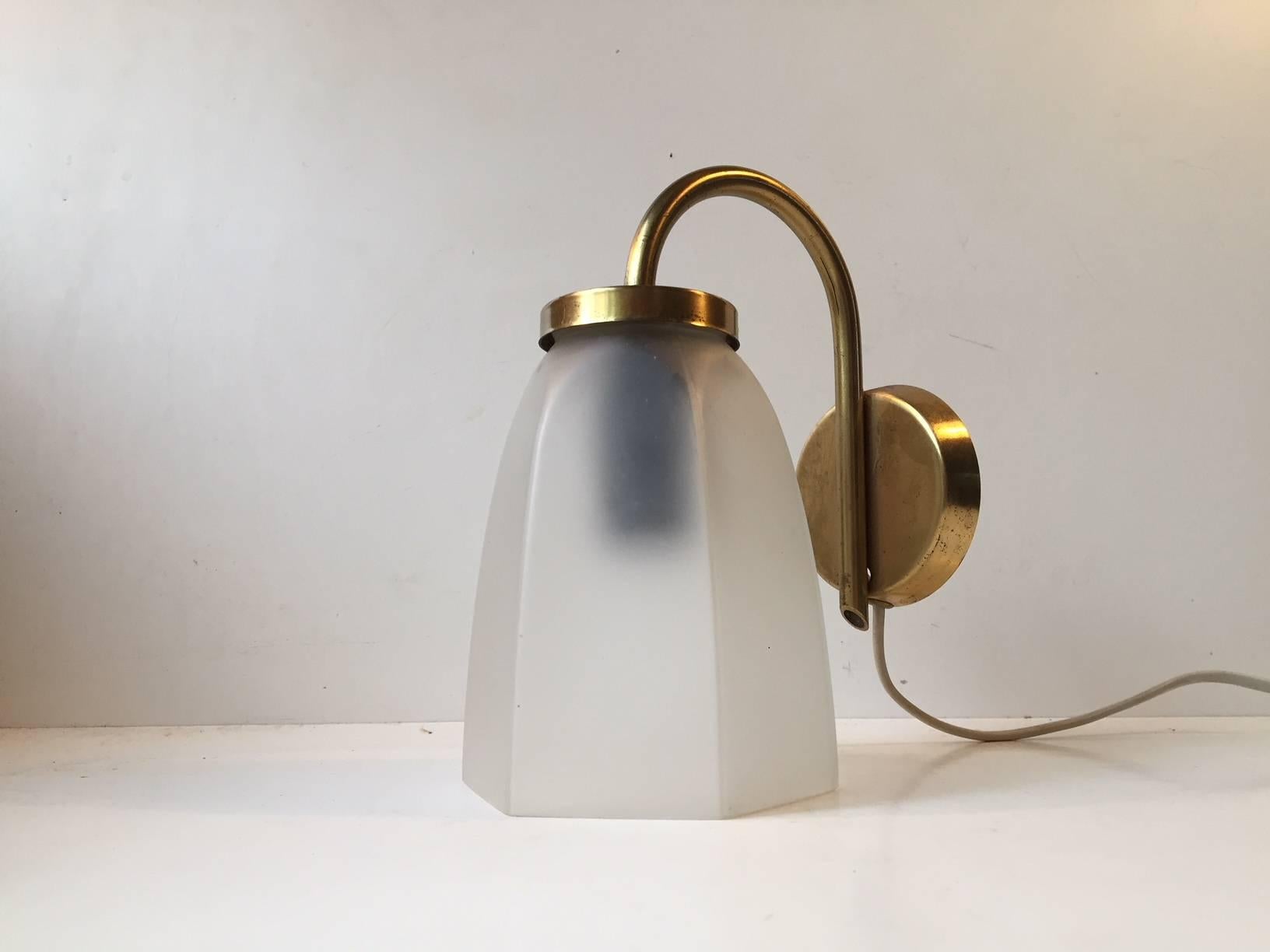 Mid-Century Modern Vintage Danish Brass and Frosted Glass Lounge Wall Lamp from Lyfa, 1950s