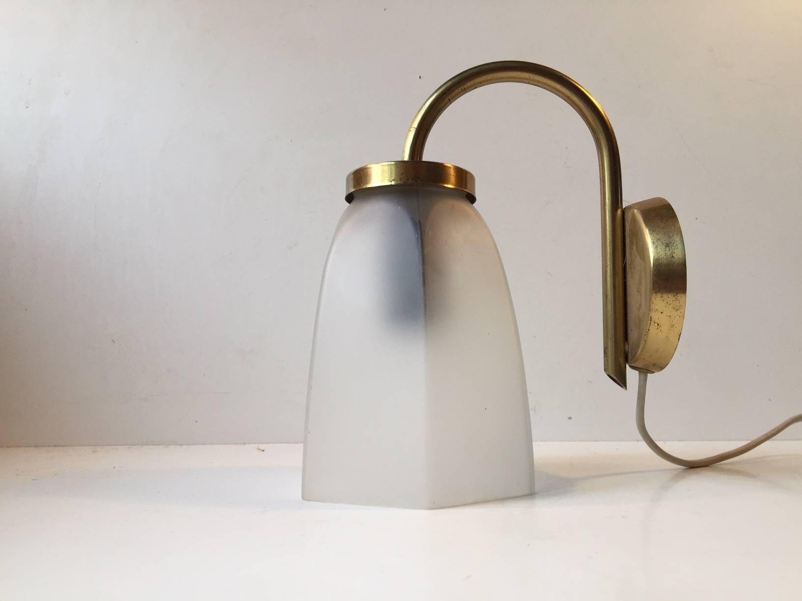 Brushed Vintage Danish Brass and Frosted Glass Lounge Wall Lamp from Lyfa, 1950s