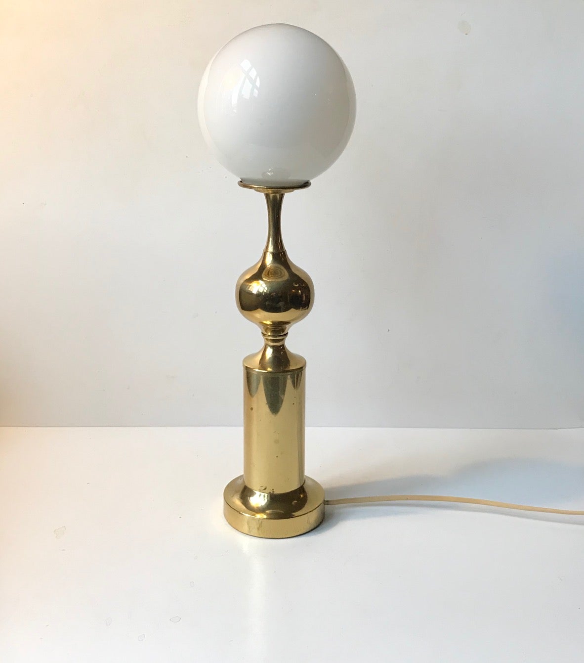 Tall Danish Modern Table Lamp  in White Glass & Brass, ABO 1970s For Sale