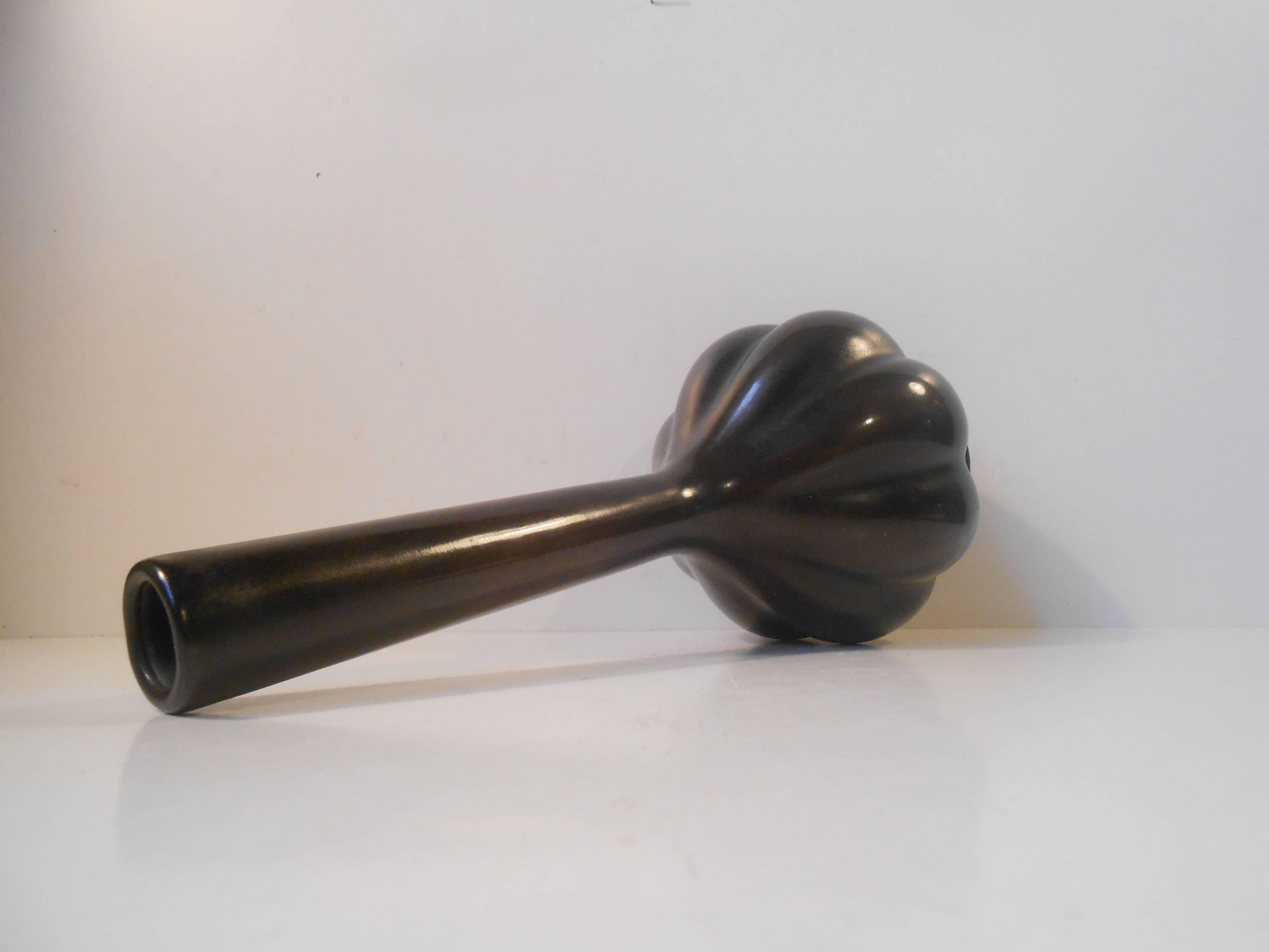 20th Century Ribbed Green Patinated Long Necked Bronze Vase Manner of Axel Salto In Excellent Condition In Esbjerg, DK