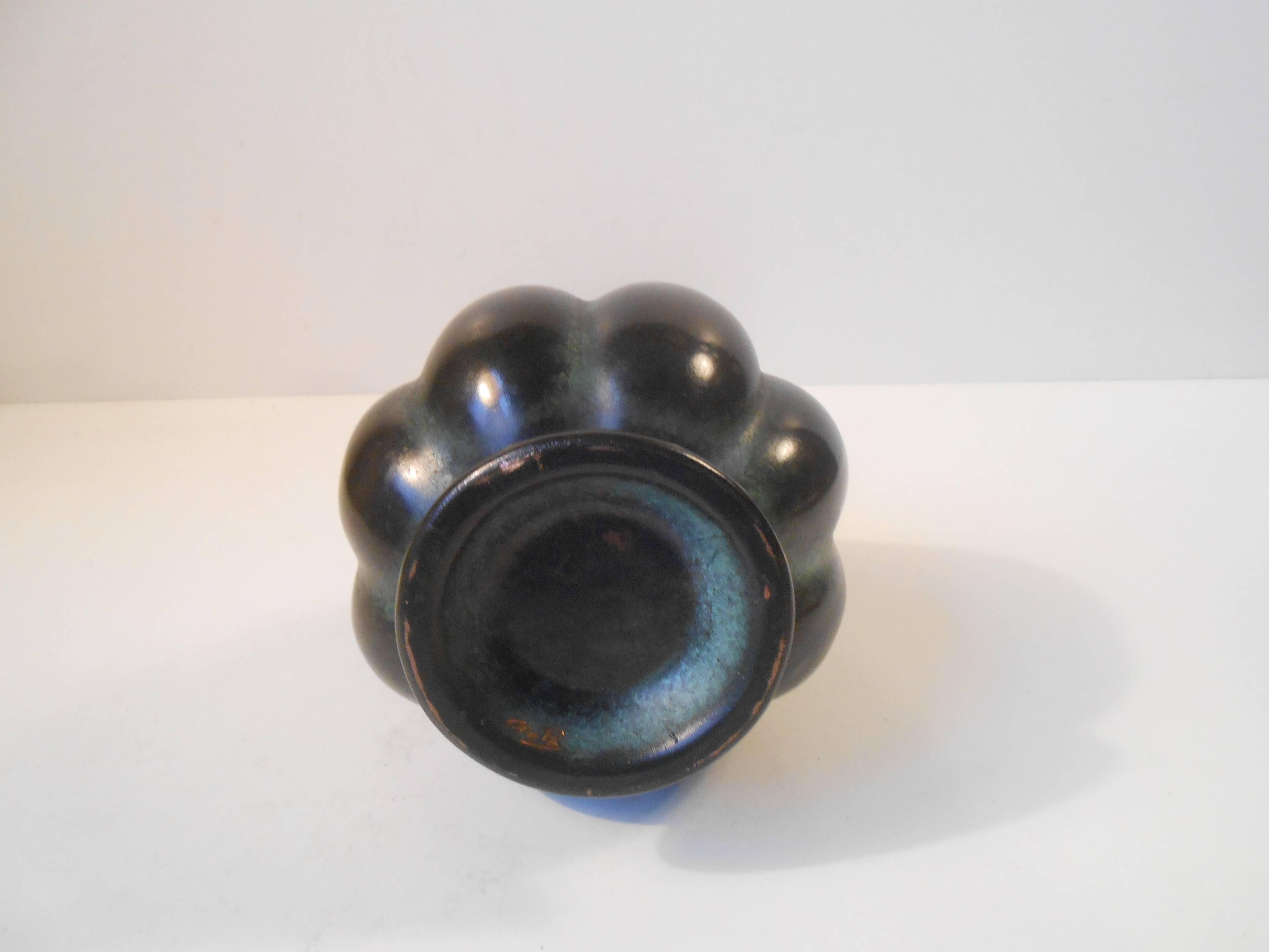 20th Century Ribbed Green Patinated Long Necked Bronze Vase Manner of Axel Salto 3