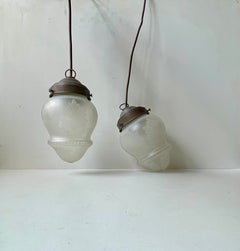 Antique Edwardian Style Etched Glass & Copper Pendant Lights, 1910s