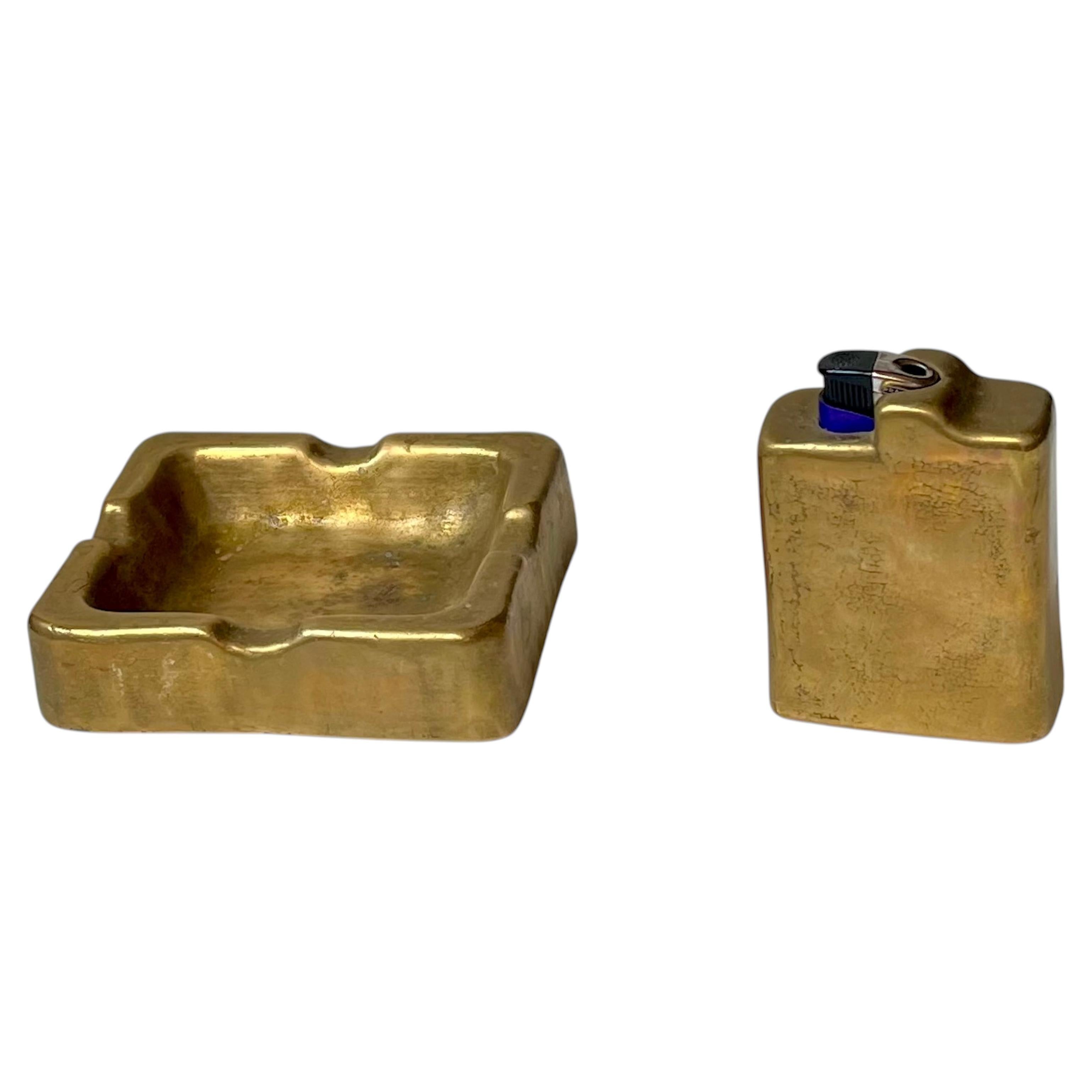 Posacenere e accendino da tavolo Lauterbach in stile brutalista vintage, in bronzo, anni '70