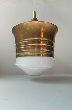 Art Deco Scandinavian Hanging Lamp in Brass & White Cased Opaline Glass, 1930s