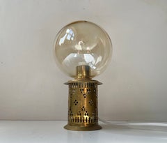Swedish Brass Table Lamp W Globe Shade in Smoke Glass, Hans-Agne Jakobsson attr.