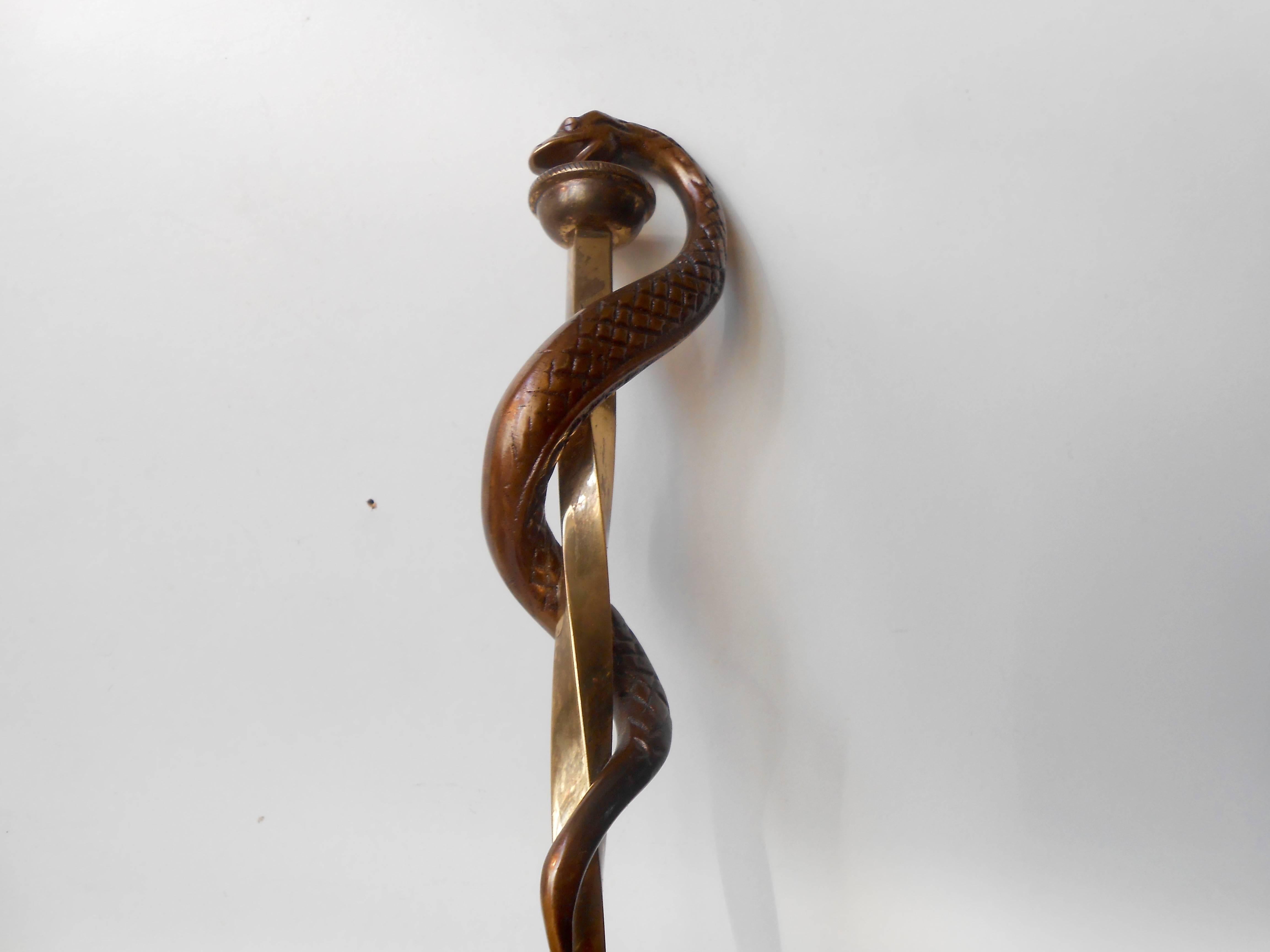 European Unusual Art Deco Twisted Brass Shoe Horn with Bronze Serpent, Europe, 1930s