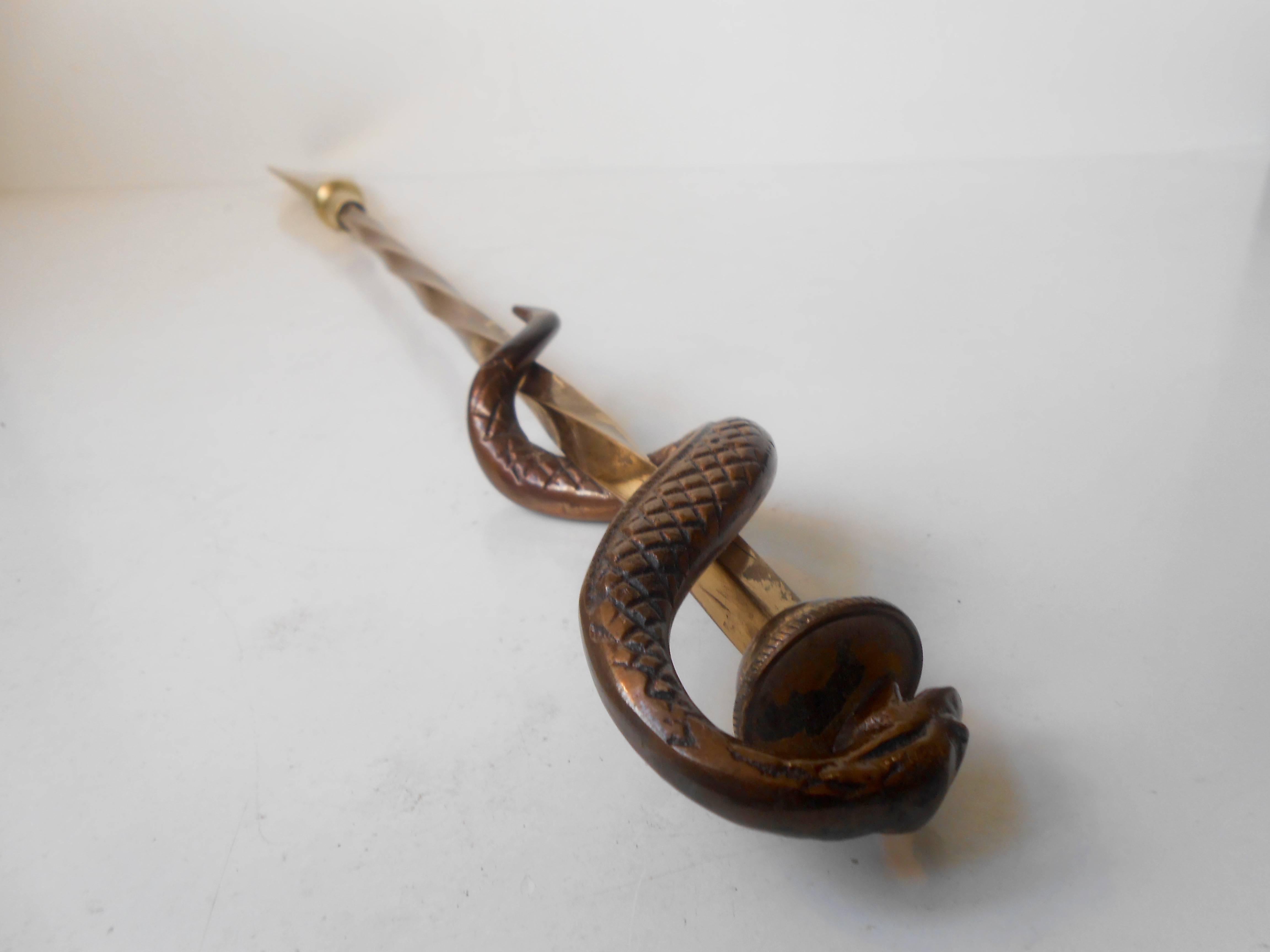 Patinated Unusual Art Deco Twisted Brass Shoe Horn with Bronze Serpent, Europe, 1930s