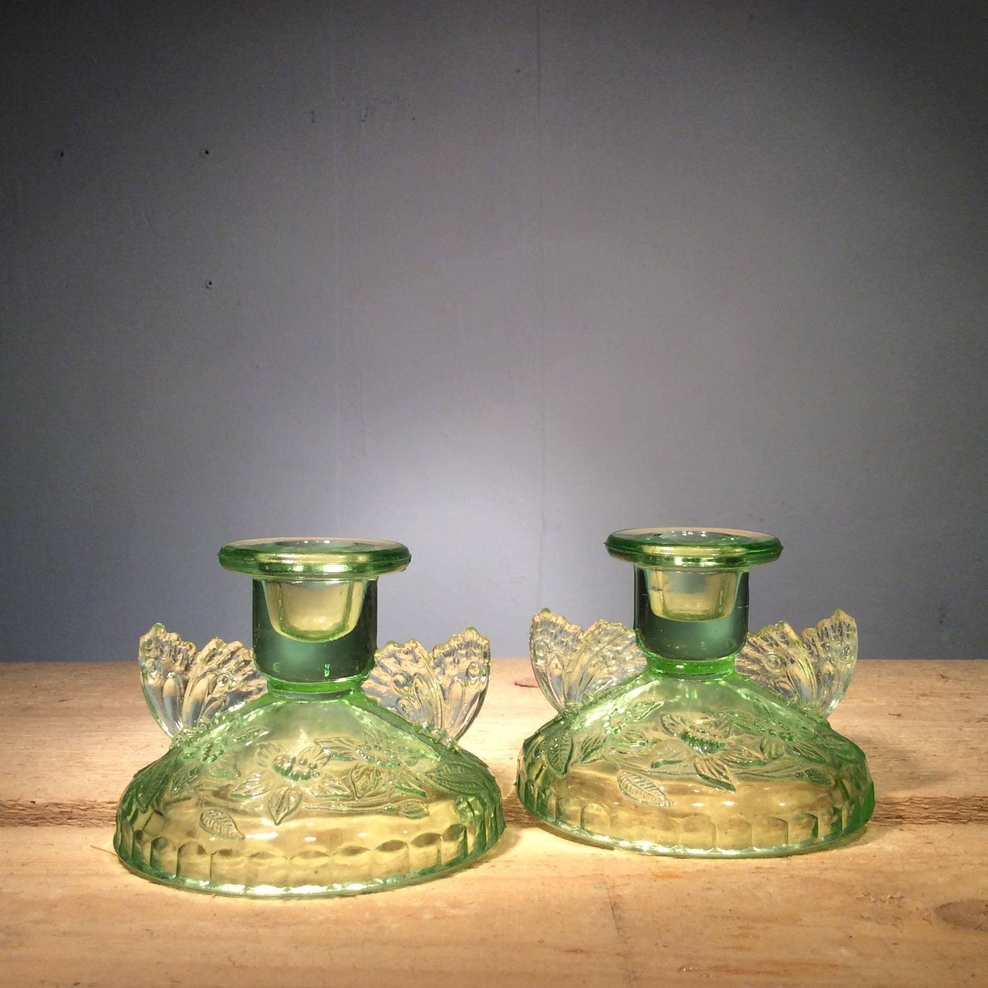 20th Century Vintage Green Pressed Glass Butterfly Dressing Table Set