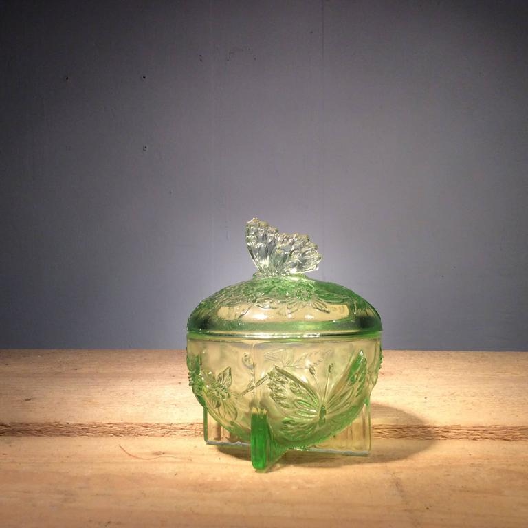 Vintage Green Pressed Glass Butterfly Dressing Table Set For Sale at
