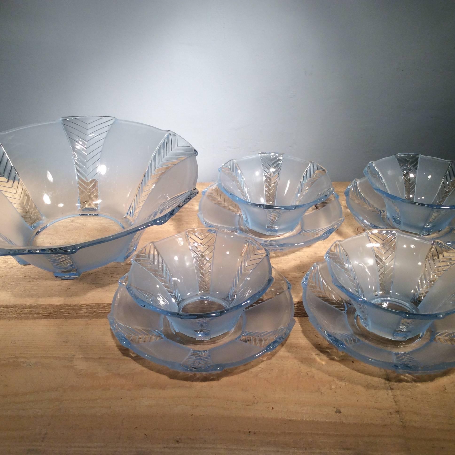 European Vintage 1930s Frosted Blue Glass Dessert Serving Set For Sale