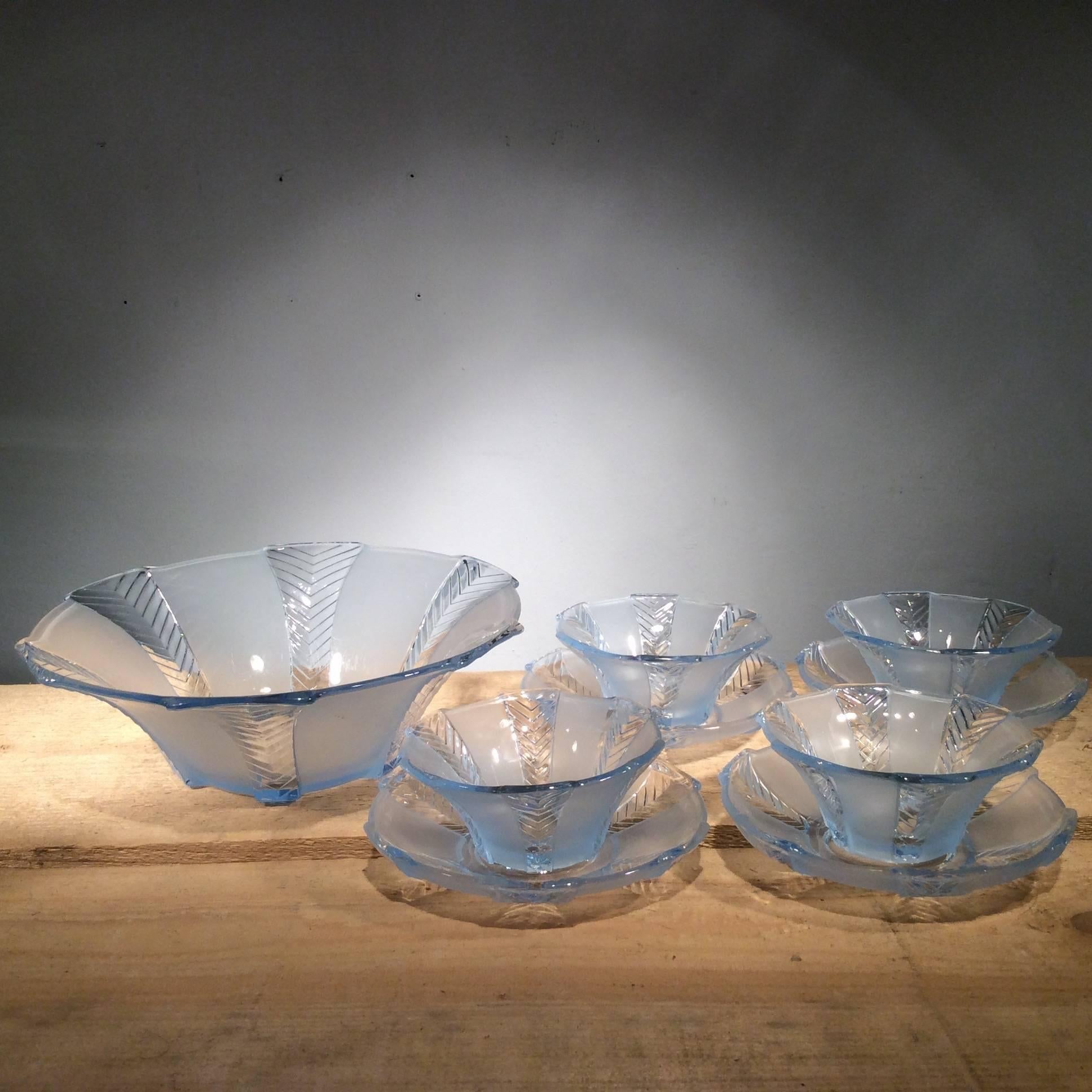 Mid-Century Modern Vintage 1930s Frosted Blue Glass Dessert Serving Set For Sale