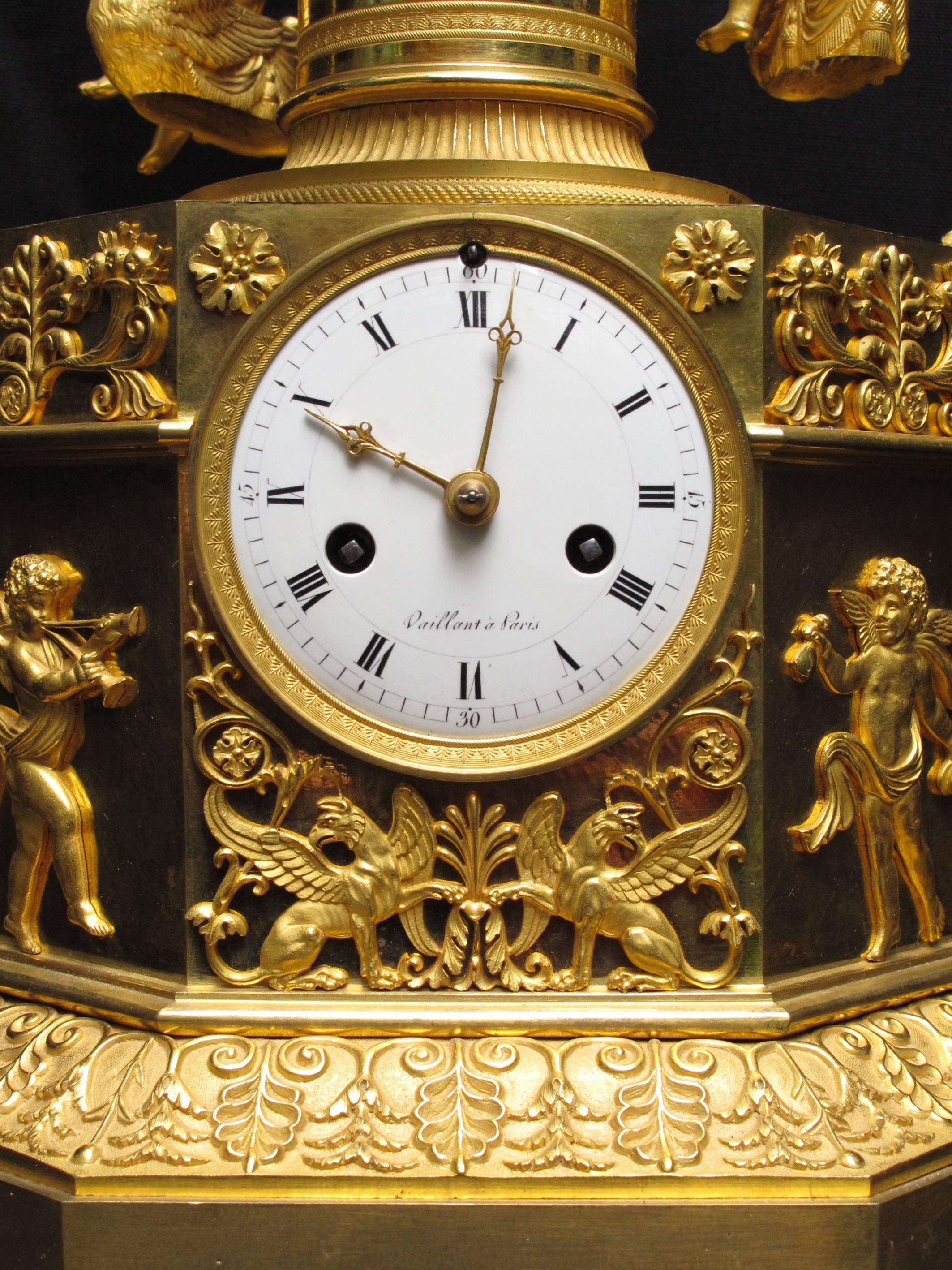 This very rare Empire ormolu automaton carousel clock is signed on the dial "Vaillant à Paris" for the clockmaker Louis-Jacques Vaillant († after 1817 ; master on Februar 12, 1787)

The elongated octagonal plinth case is decorated with