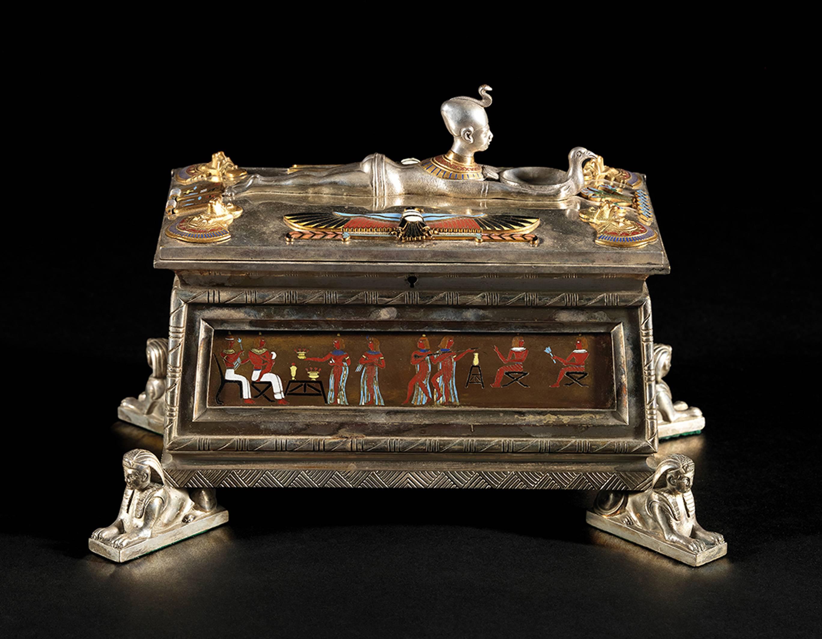French Egyptian Revival Silvered and Gilt Metal Cloisonné Enamel Casket, circa 1867 For Sale