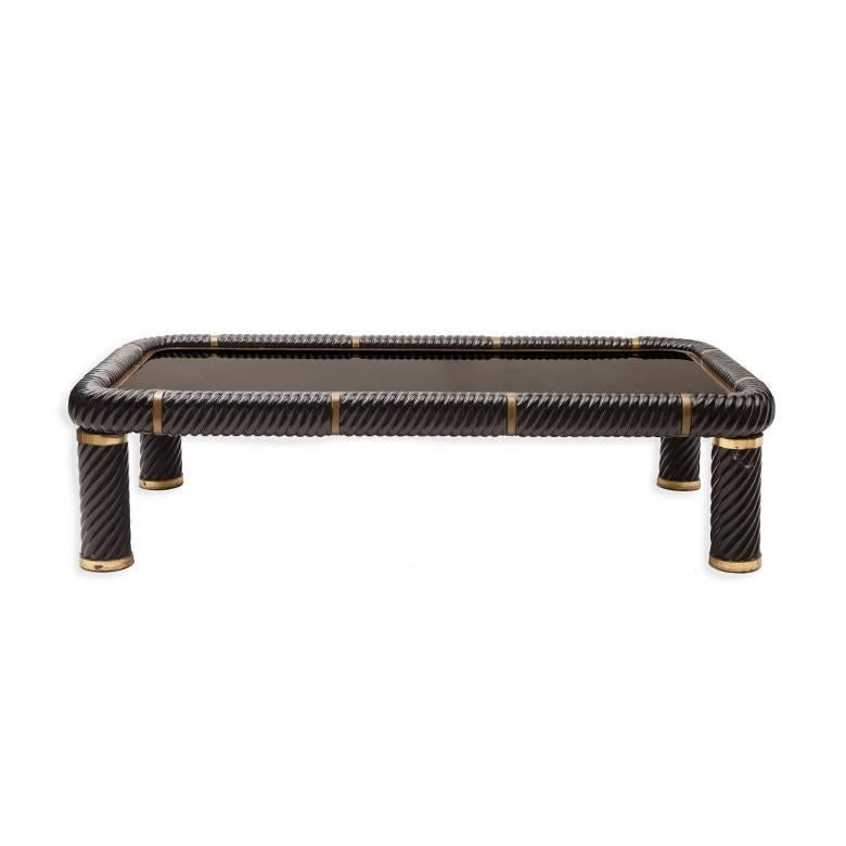 Tommaso Barbi Black Ceramic and Brass Coffee Table, Glass Top For Sale