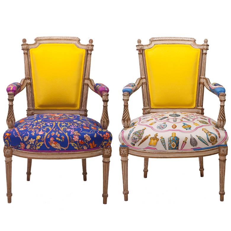 Louis XVI Armchairs in Vintage Hermès Silk and Oscar De La Renta Cashmere