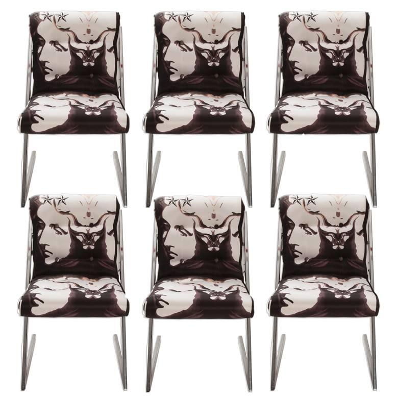 1980s Chrome ‘Z’ Dining Chairs in Roberto Cavalli Alexander the Great Fabric For Sale