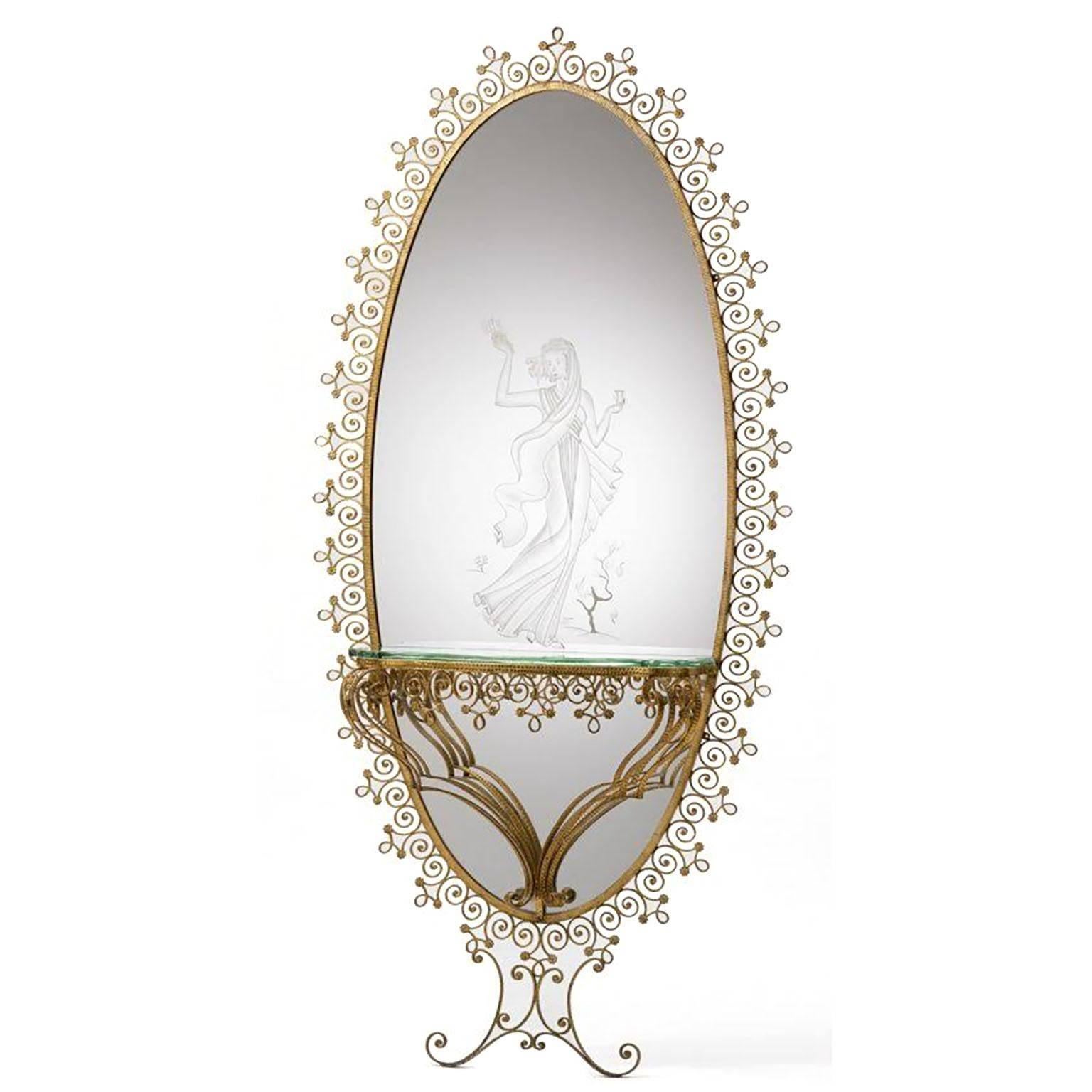 Colli Torino Gilded and Etched Floor Length Mirror and Glass Console For Sale
