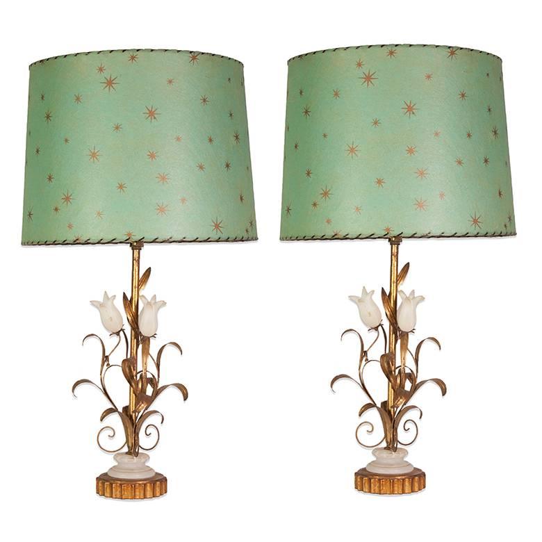 Italian Gilt Metal and Alabaster Tulip Lamps with Custom Parchment Lampshades For Sale