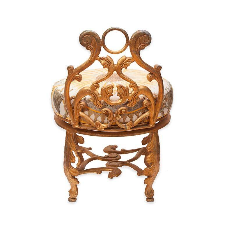 Gold Gilded French Rococo Iron Vanity Stool in Vintage Hermès Daffodil Silk. Upholstery is new.
