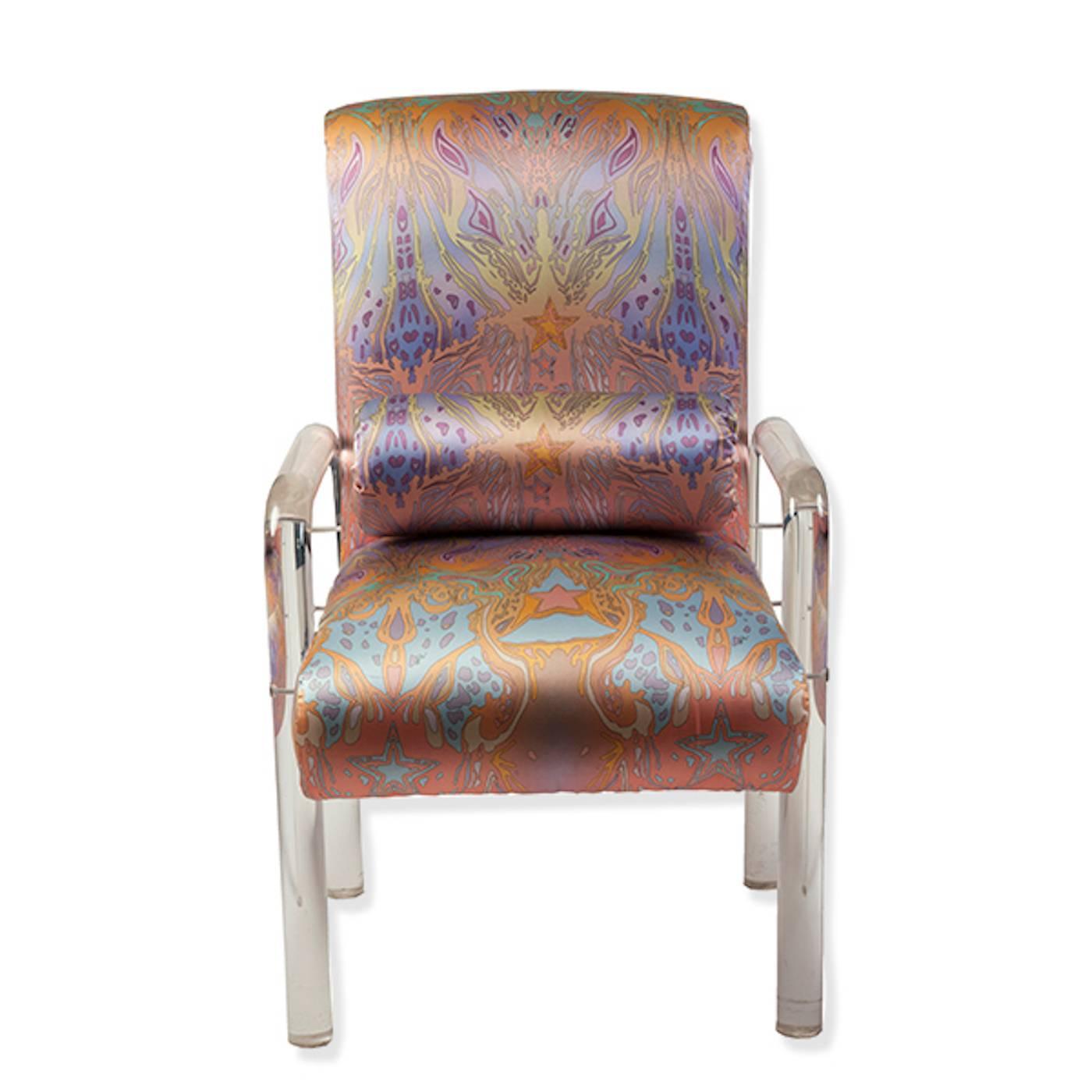 Mid-Century Modern Charles Hollis Jones Lucite Armchairs Upholstered in Silk, Pair For Sale