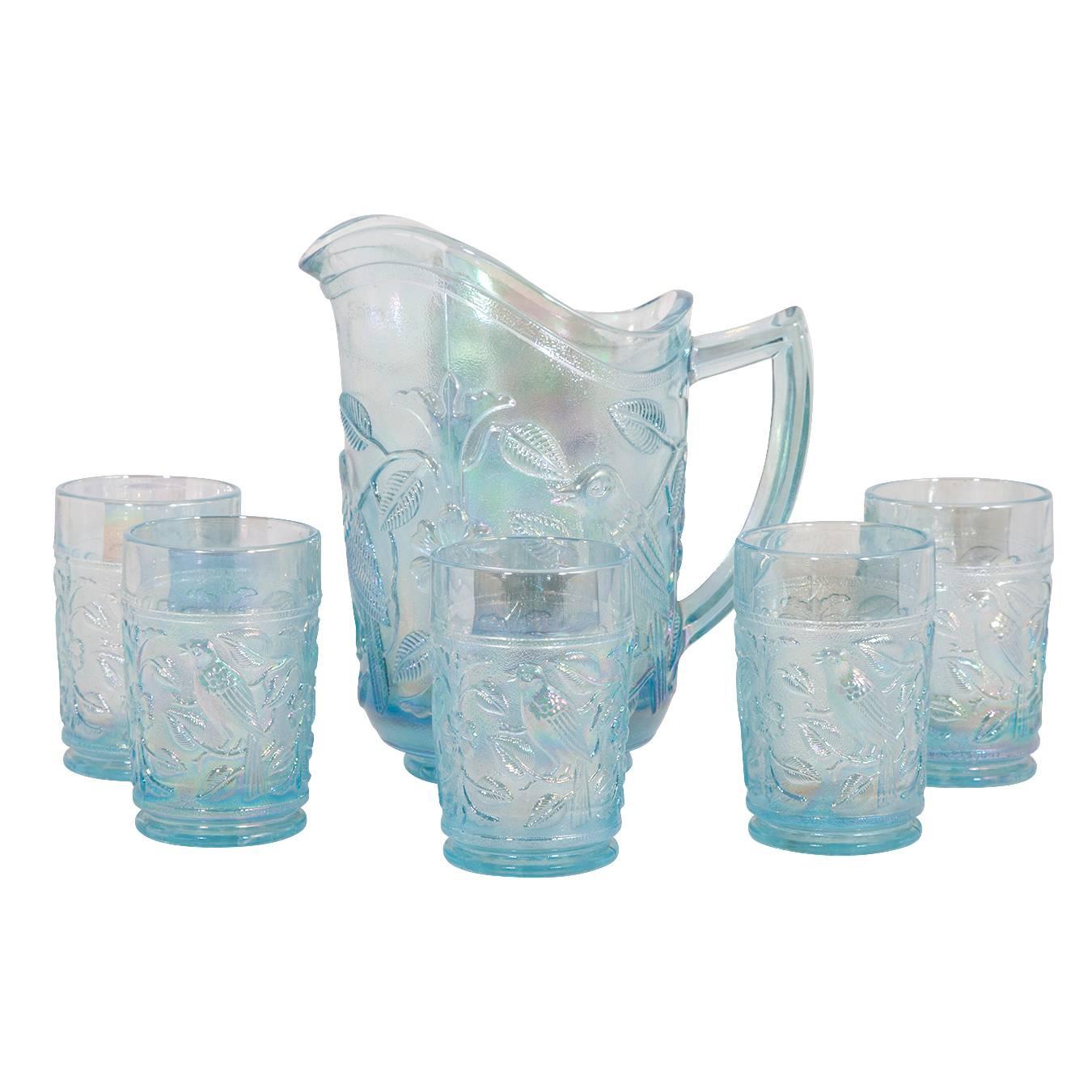 Iridescent Blue Pitcher and Glass Set For Sale