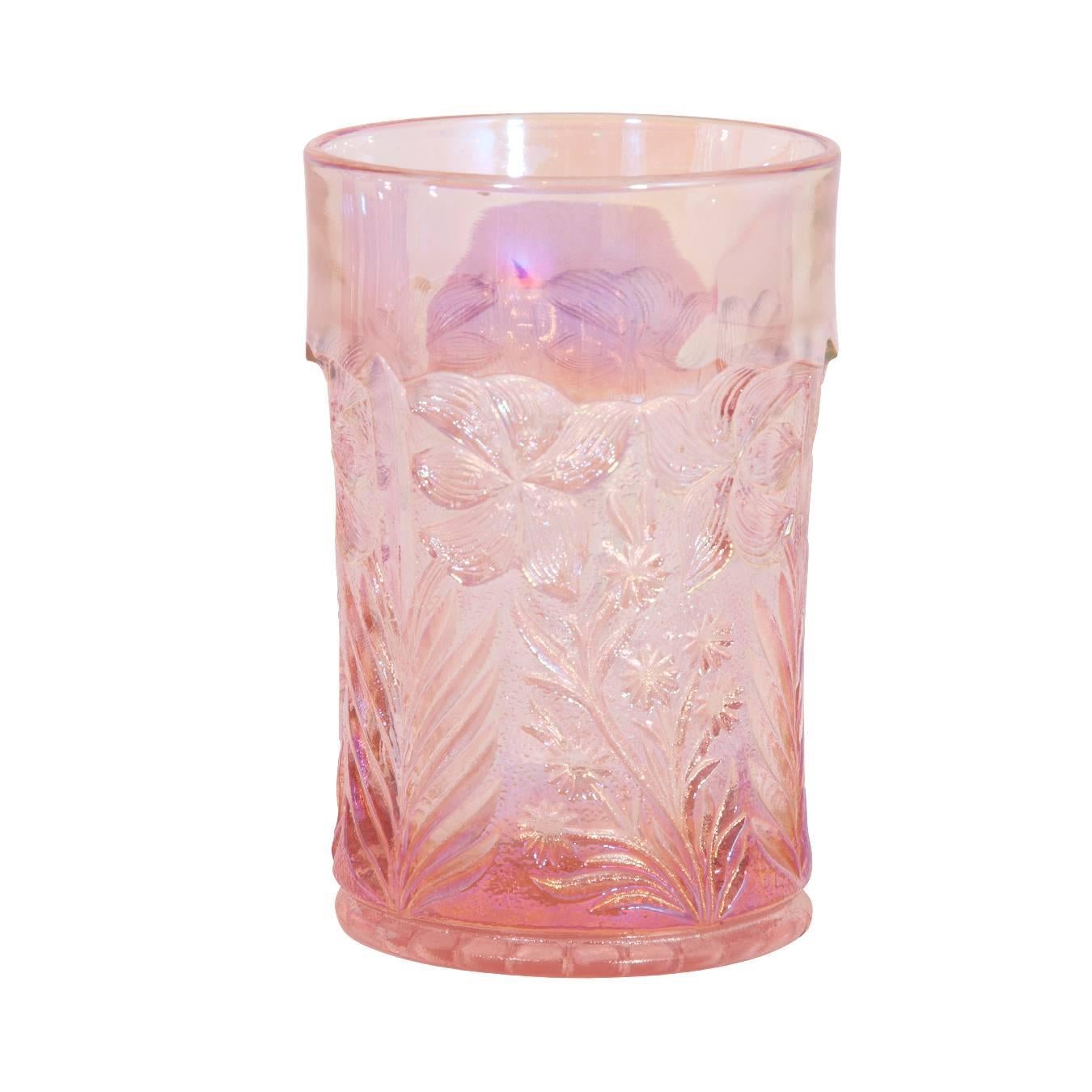 Iridescent Pink Pitcher and Glass Set

Pitcher:
8.5'' H x 9.25'' W x 5.5'' D

Glasses (individually):
4.5'' H x 2.75'' D
