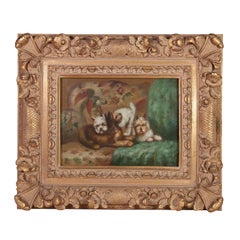 Dog Painting with Parrot in Hand-Carved Gilded Frame