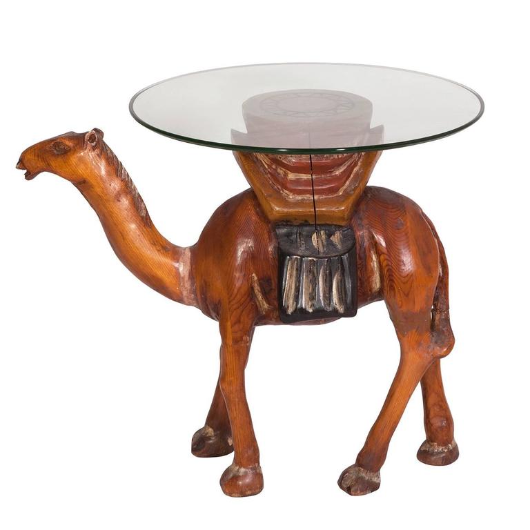 Hand-Carved Camel Wood Side Table with Glass Top For Sale at 1stdibs