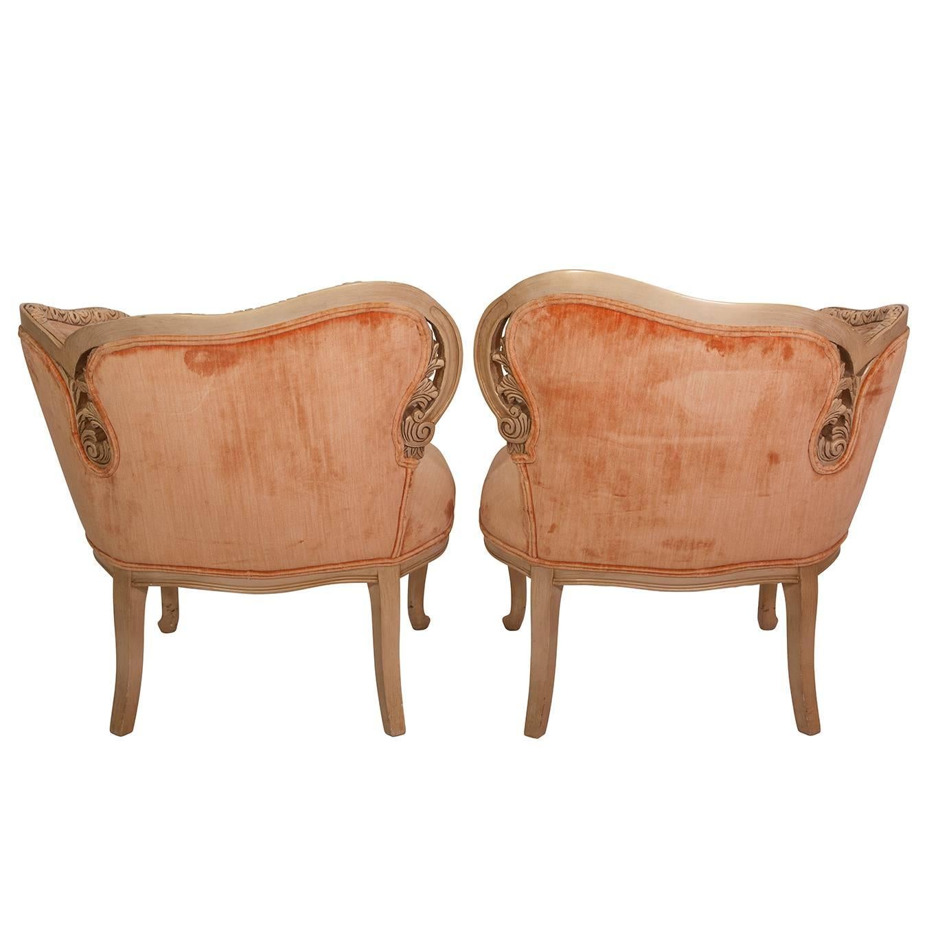 19th century tufted French side chairs in coral velvet.