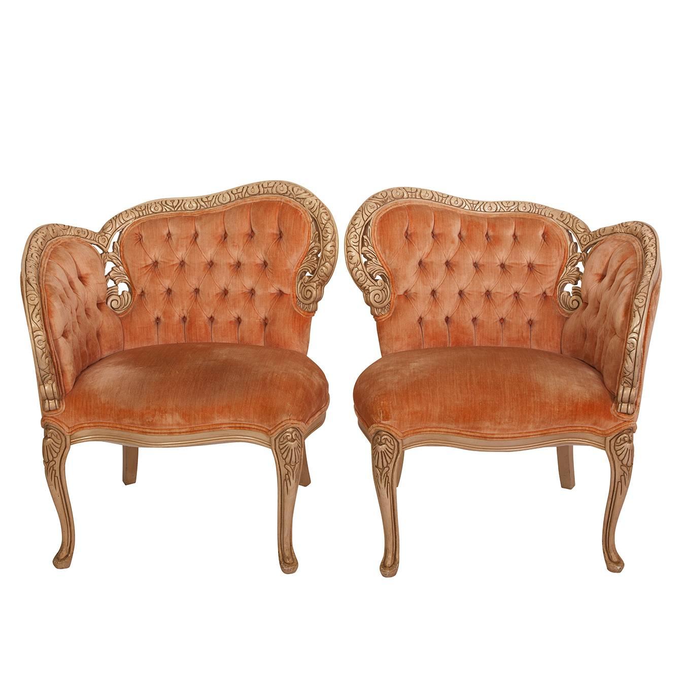 19th Century Tufted French Side Chairs in Coral Velvet
