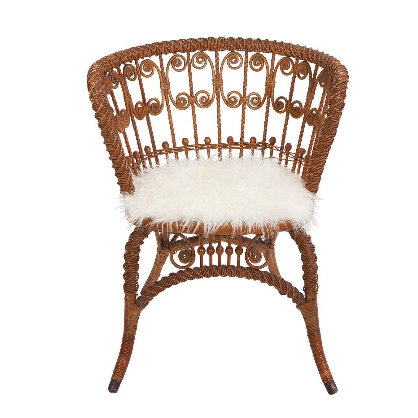 Mid-Century Modern Wicker Chair with White Mongolian Lamb
